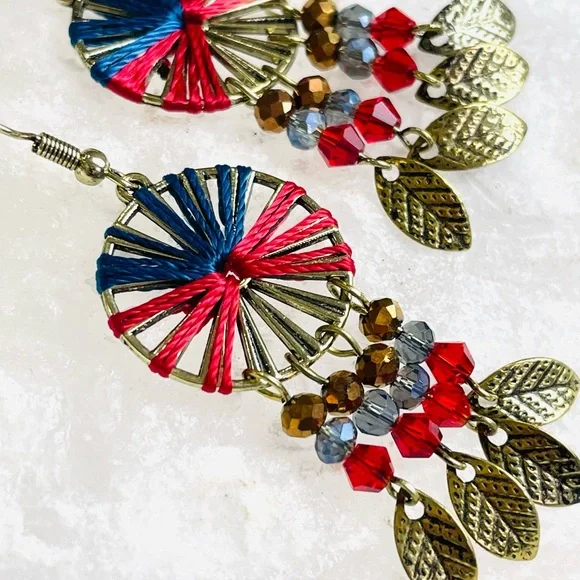 FERRIS WHEEL Southwestern pinwheel DANGLE earring gold feather leaf dangling - Picture 5 of 12